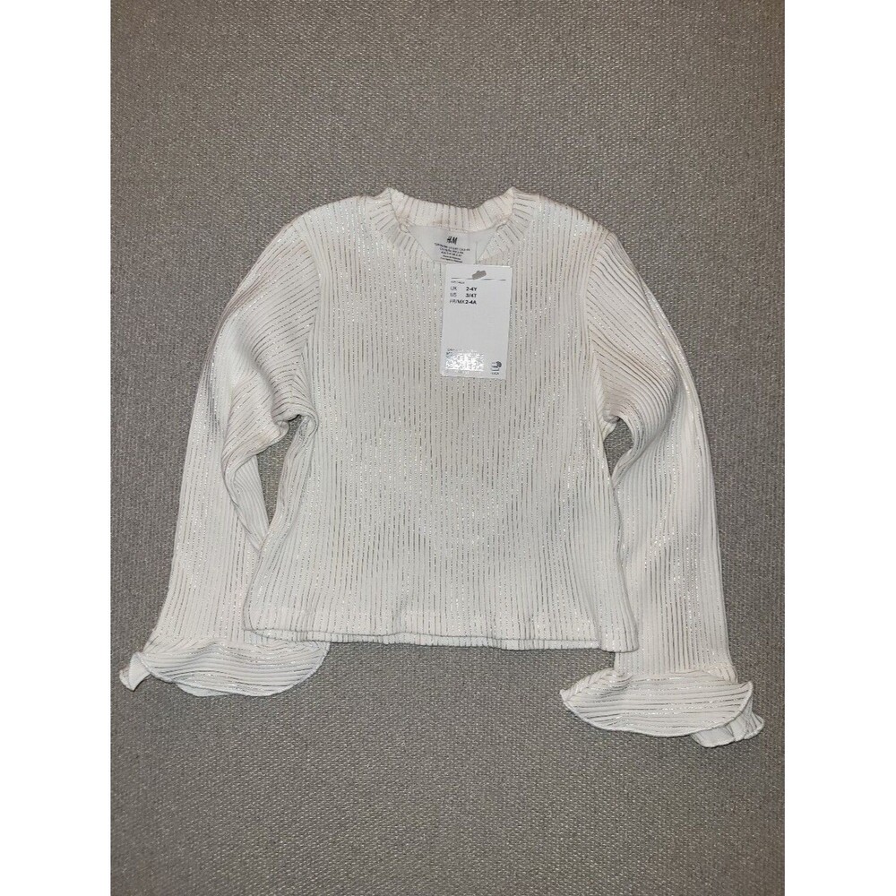 H&M Size 3/4t Off White Metallic Ribbed Bell Long-Sleeve Top NWT